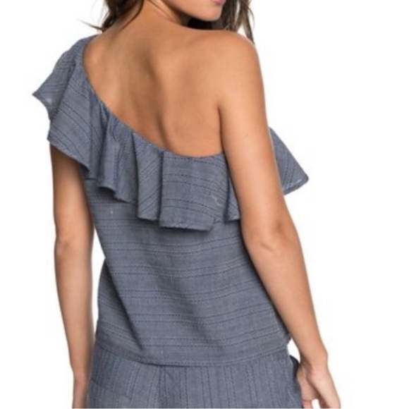 NWT Roxy Alcove Moment Cold Shoulder Top Ruffle Blue White Boho Beach Coastal - Picture 2 of 7
